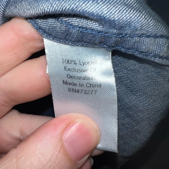 K/LAB chambray button down shirt with embroidered accent in red. Open back! - Picture 7 of 8